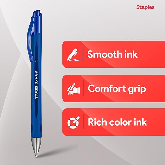 STAPLES Retractable Gel Pens, Medium Point 0.7mm, Blue Ink, 12 Pack – Sonix Smooth‑Writing Gel Pens with Rubberized Grip