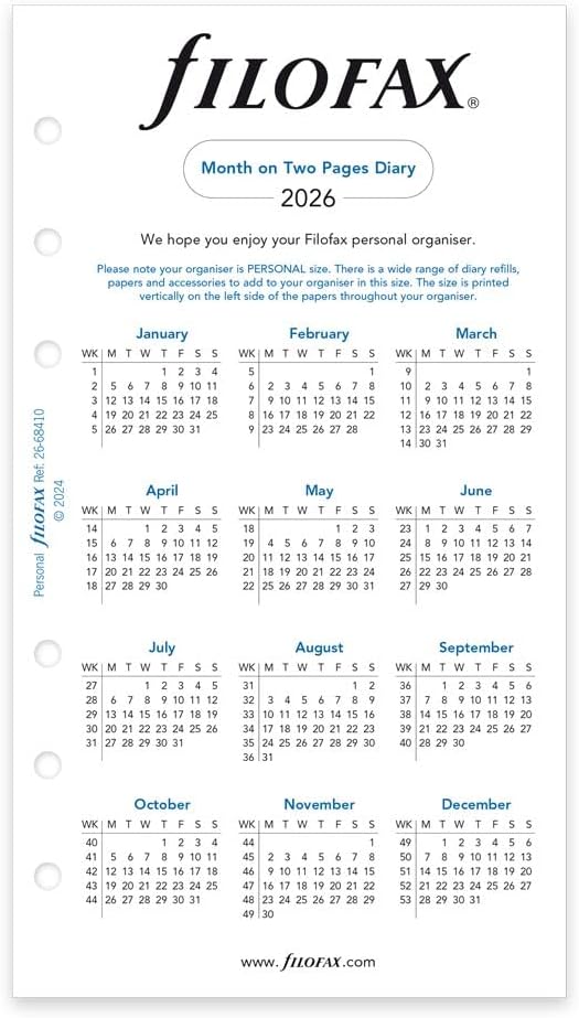 Filofax Calendar Diary Refill, Personal/Compact Size, Month-to-View, White Paper, English, 2026 (C68410-26)