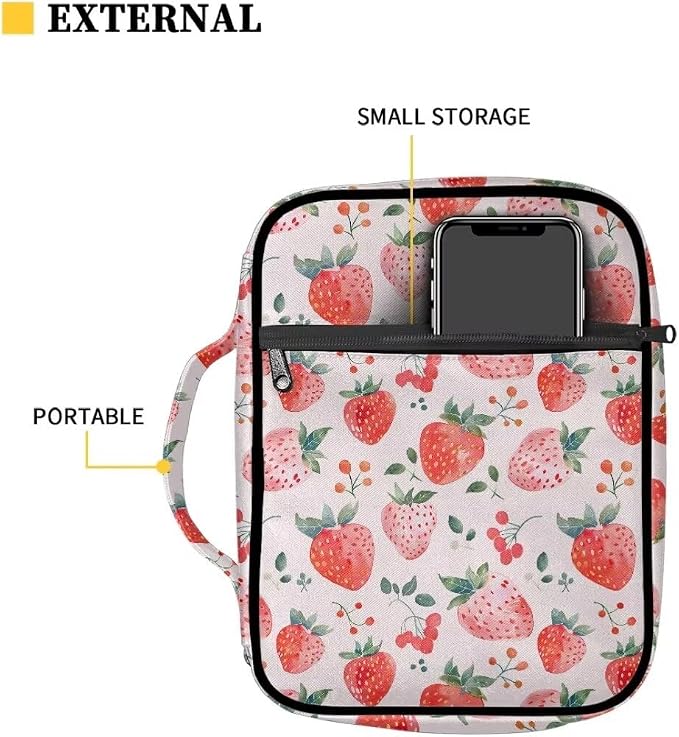 Coldinair Strawberry Bible Covers Bag for Women,Durable Carrying Book Case Church Bag Bible Holder with Handle and Zippered Pocket,Blue