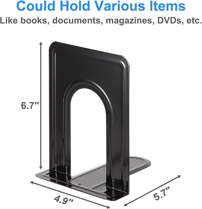 Heavy Duty Bookends for Shelves, Anti-Slip Base, Black, Great for Library, Office, Home, School, 4 Pairs