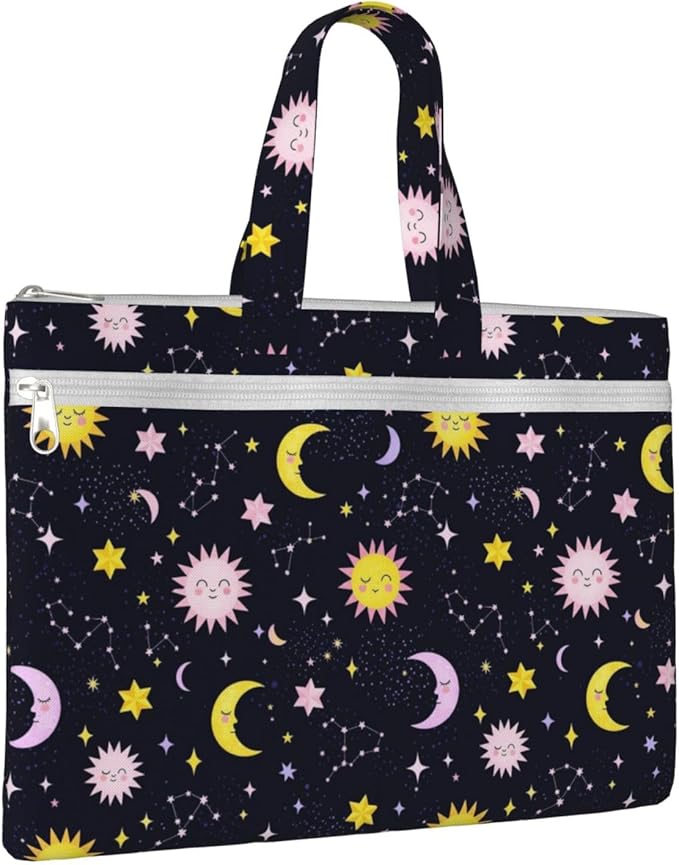 Lightweight Canvas Zippered File Bag Space Galaxy Constellation Sun Moon Stars Pattern, Waterproof Document Pouch with Handle for Office Business Travel