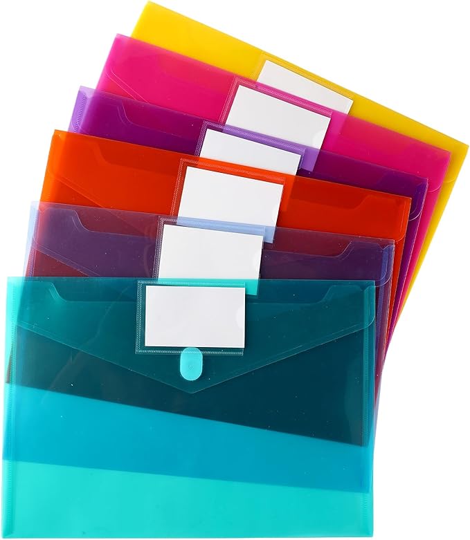 6 Pack Colored Plastic File Folders Letter A4 Size with Tags Clear Document Binder Folder Envelops Receipt Pocket Filing Products Carpeta Organizer Classroom Homeschool Office Supplies Organization