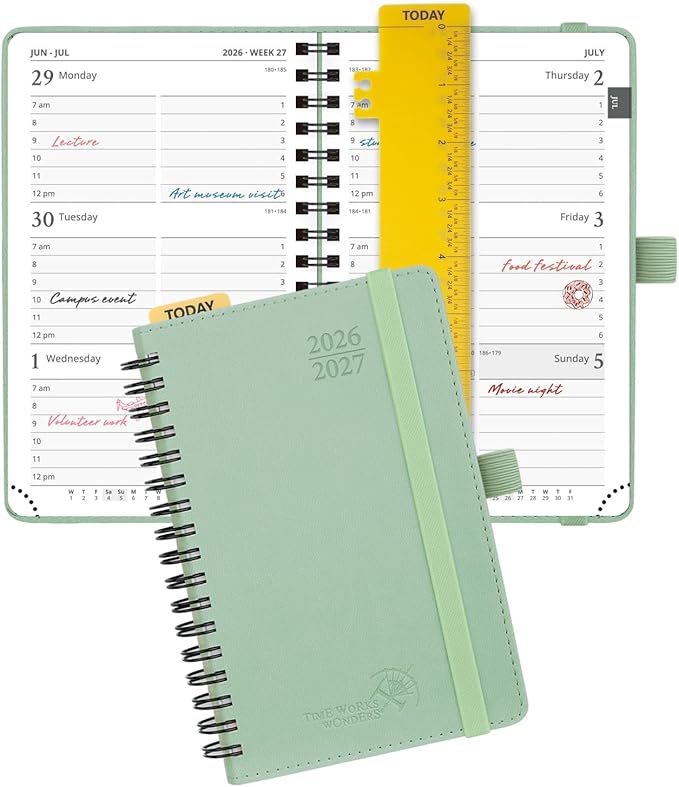 POPRUN Pocket Planner 2026-2027 (Purse Size 4'' x 6.25'') Academic Small Calendar (July 2026 - June 2027) with Hourly Time Slots, 100GSM Thick Papers, Spiral Leather Cover - Celadon Green