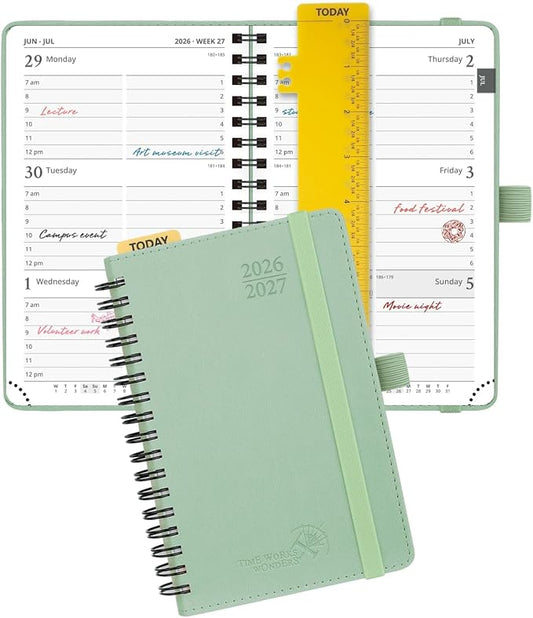 POPRUN Pocket Planner 2026-2027 (Purse Size 4'' x 6.25'') Academic Small Calendar (July 2026 - June 2027) with Hourly Time Slots, 100GSM Thick Papers, Spiral Leather Cover - Celadon Green