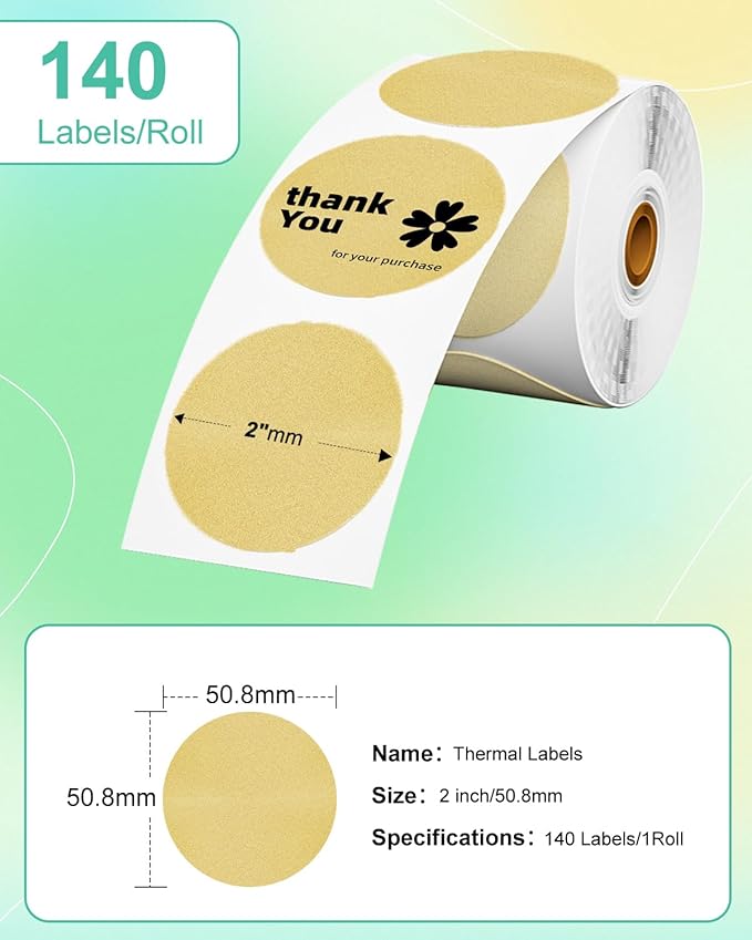 M110 Label Compatible with M100/M110/M120/M260/M220/M150/M421/241BT/243BT, 1.96" x 1.96"(50x50 mm), Thermal Circle Gold Paper for Logo/Thank You Label/Small Business/,140/Roll