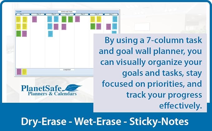 Sky Blue 7-Column Task, Goals & Objective Wall Horizontal Organizer 36" x 56". Complete with Marker