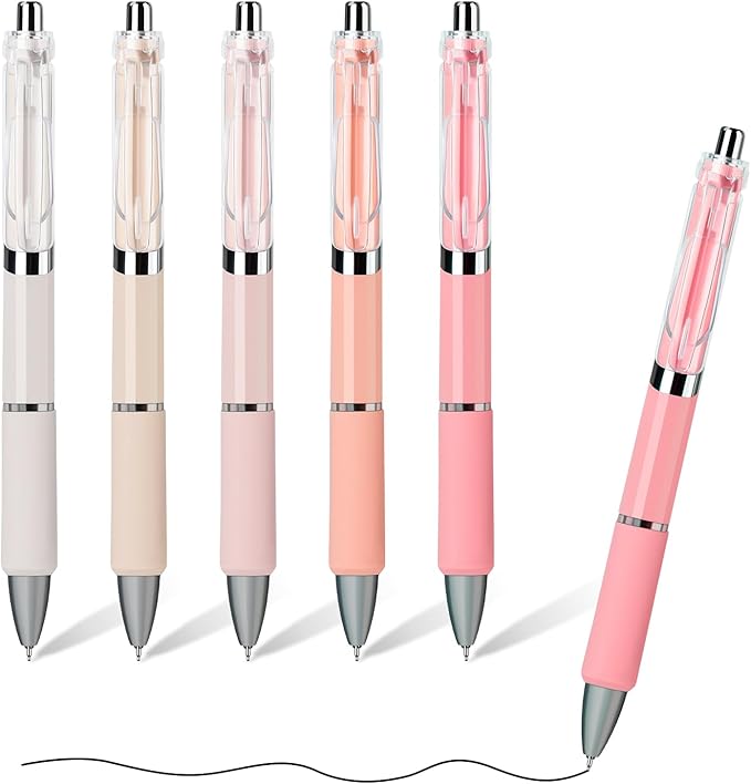 Temiary 5 Pcs Retractable Gel Pens, 0.5 mm Black Ink Fine Point Quick Dry Gel Ink Pen, Aesthetic Smooth Writing for School Office Journaling Note Taking and Sketching (Pink)