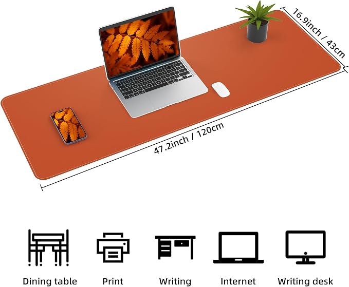 AFIING Desk Mat 47.2" x 17", Leather Desk Pad Protector with Natural Cork & PU Leather, Non-Slip Office Desk Mat, Double-Sided Mouse Pad, Waterproof Large Desk Pad for Office and Home (Orange)