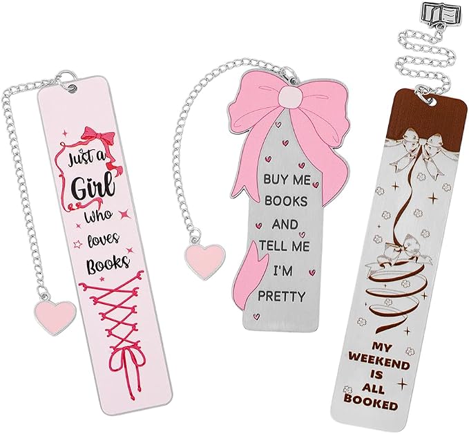 Pink Bow Metal Bookmark Gift Silver Chain Pendant with Bow for Women's Christmas Gift Book Lover Book Accessories School Supplies Office Stationery (Cute Bow Bookmark)