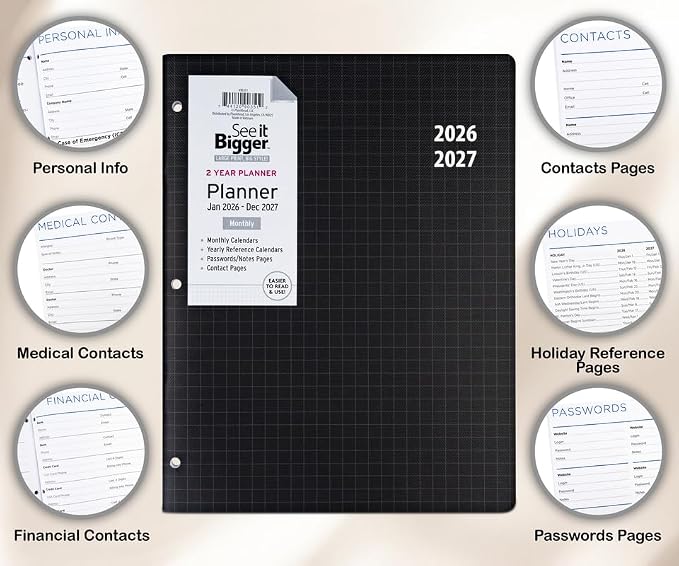 PlanAhead Jan 2026 - Dec 2027 Monthly Planner - 11"x8.75" 2 Year Academic Planner Notebook with Large Print - Black Grid Design- 3-Hole Punched Calendar Agenda for Student & Teacher