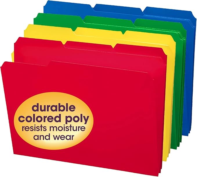 Smead Poly File Folder, 1/3-Cut Tab Letter Size, Assorted Primary Colors, 48 per Pack (10505)