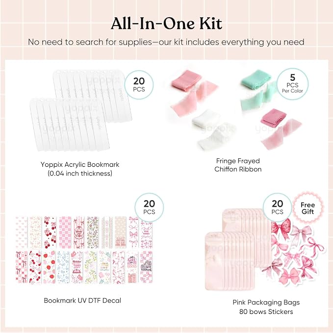 YOPPIX 6x2” Acrylic Bookmark Blanks- 20 Set Bookmark Making Kit with 20 UV DTF Stickers About Bow Theme 20 Ribbon 80 Bookish Stickers for DIY Your Crafts Gift for Book Lover