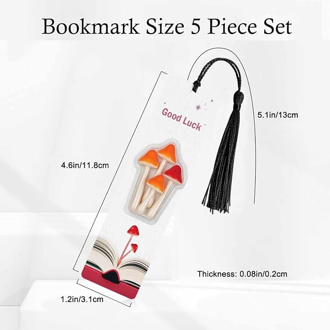 Mushroom Bookmarks Set 5 with Tassels Orange Red Luck Wooden Bookmarks for Reading Women Men Students Teachers School Supplies