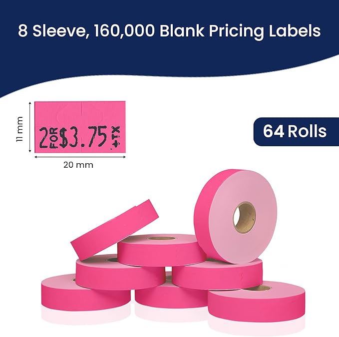 Perco Fluorescent Pink Pricing Labels for Monarch 1131 Price Gun – 8 Sleeves, 64 Rolls Value Pack - 160,000 Price Marking Labels – with Ink Rolls Included