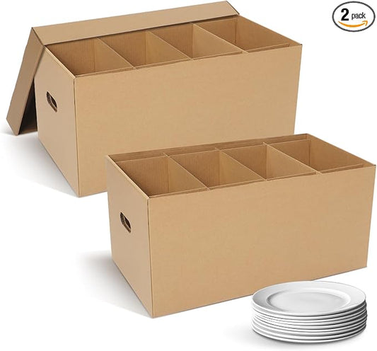 Fuyoooo 2 Pack Large Dish Packing Boxes for Moving with Divider 24 x 12 x 11 Inch Kitchen Moving Boxes with Reinforced Handle Lid Packing Supplies for Dishes and Glassware