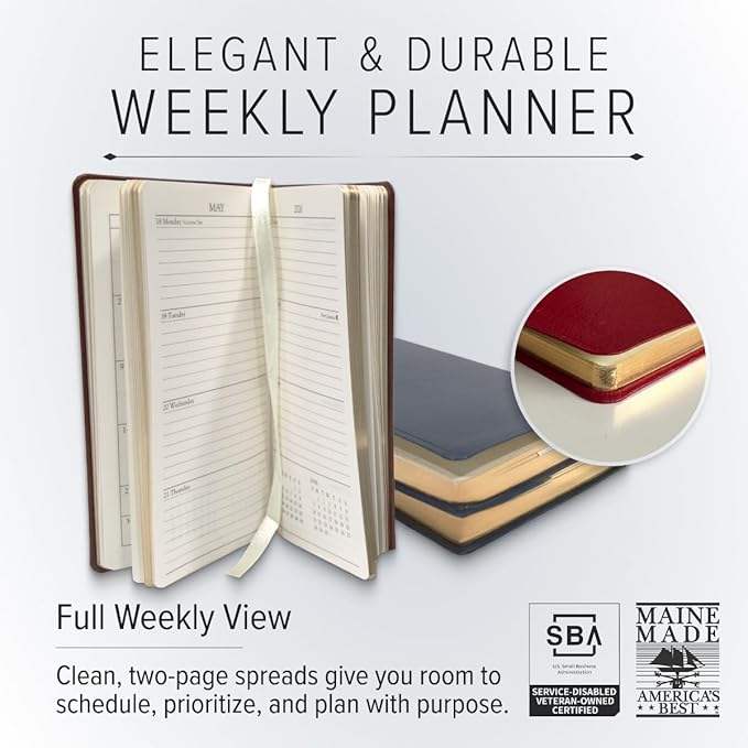Gallery Leather Pocket Weekly Monthly Planner 2025-2026, Elegantly Bound Calendar Planner and Notebook with Stylish Gold-Gilded Page Edges, 12 Months - Caribbean Fuchsia - 6 x 3.25 "