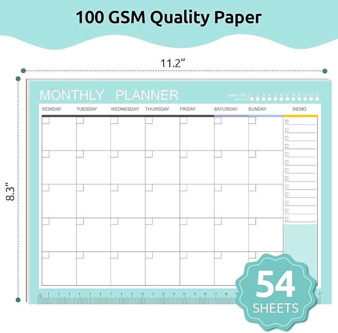 Phyxin Undated Planner, 54 Sheets Blank Calendar, 11.2" x 8.3" Monthly Calendar Planner, Tear Off Undated Monthly Planner with Memo for Women, Students, Teachers, Green
