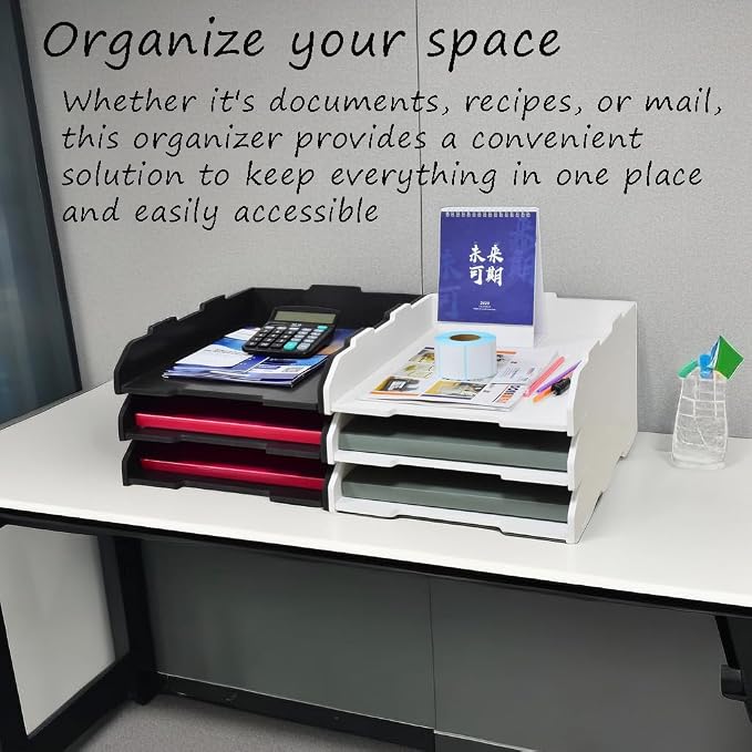 A3 Stackable Paper Tray, 3 Tier Desk File Organizer, Desktop Organizer for Office Supplies, File Storage, Letter Organizer /A3 Office File Folder,Home or Office School, White (Portrait-Black-3-Tier)