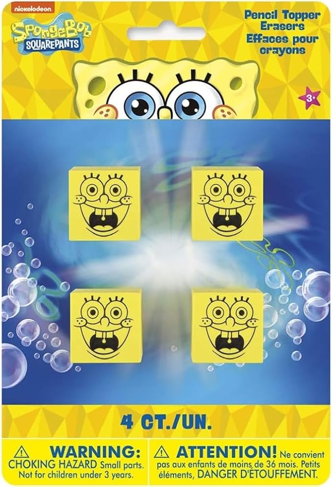 Unique Spongebob Squarepants Pencil Top Erasers (Pack of 4) - Fun & Colorful Design, Perfect for School Supplies