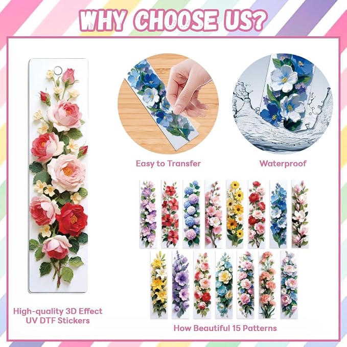 Peacoblue 30pcs UV DTF Bookmarks Transfer Stickers Wraps 3D Flowers for Women Men Reading, Waterproof Bookmarkers Decal(No Blank Bookmarks) for Acrylic Plastic Metal Blank Bookmark