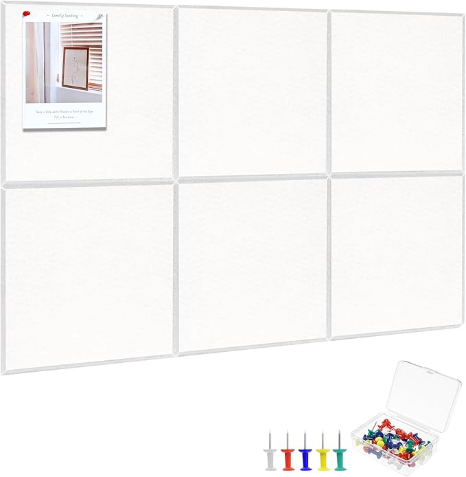 Thboxes Large Cork Board 36" x 24", 6 Pack Felt Bulletin Board with 30 Pushpins, Cork Boards Alternative with Self-Adhesive Strips, Felt Wall Tiles Pin Board for Wall Office Home School Decor-White