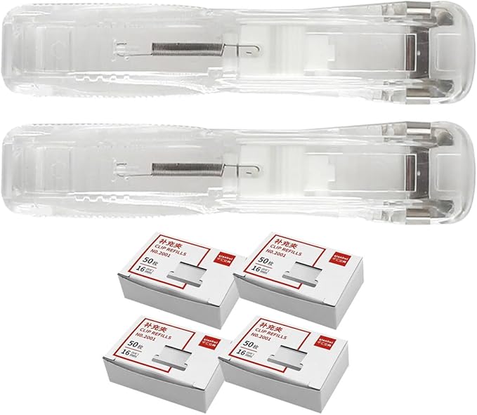 Reusable Stapler with Clips and 200pcs Refill Paper Clips Set, Mini Desktop Stapler for Office Filing and Document Organization Random Style