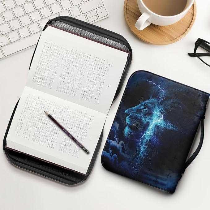 Bible Case with Handle and Zipper, Premium PU Leather Waterproof Bible Cover 11.2 x 8 x 2.2 Inches, Book Case for Standard Size Bibles with Pen Storage, Bible Accessories Gifts (Blue Lion)
