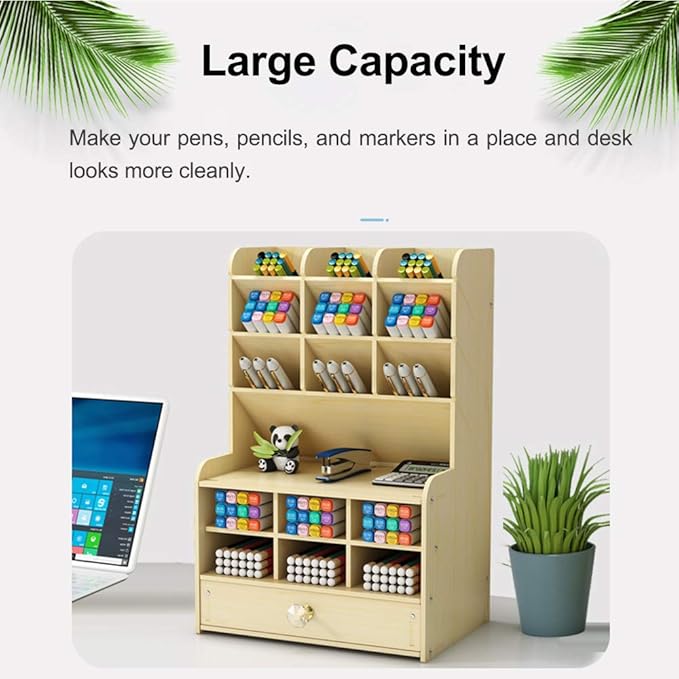 Hggzeg Wooden Desk Organizer with Drawer, Large Capacity DIY Pen Holder Storage Box Desktop Stationary Storage Rack, Pen Organizer Caddies for Office, Home and School Supplies (B16-White Maple)