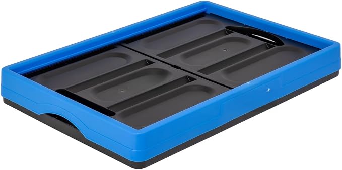 12 Gallon Collapsible Storage Bin, Plastic Foldable Storage Crate with Handles, Stackable Black & Blue for Home Garage Office, Built-in File Rails