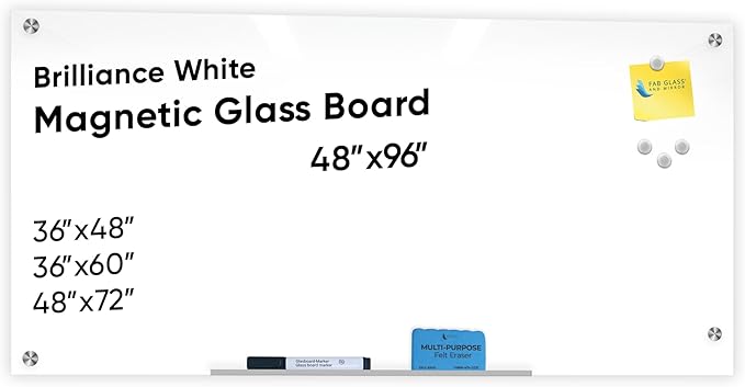 Glass Dry Erase Board for Wall - Magnetic Glass Board with White Surface - Frameless 48"x96" with Magnets, Markers, Eraser, Marker Tray by Fab Glass and Mirror