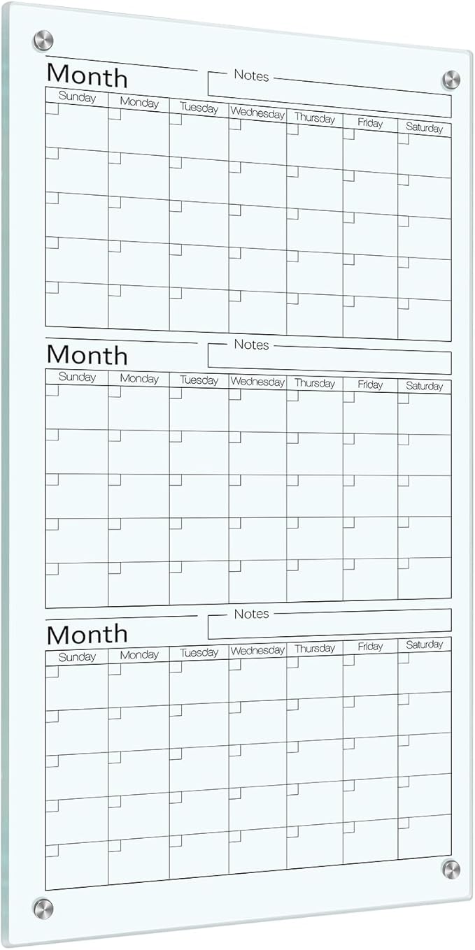 Glass Whiteboard Calendar Dry-Erase White Board Planner Glass Large Wall Mounted Calendar with Marker Tray for Wall Home or Office(Transparent,36" X 18",3 Month)