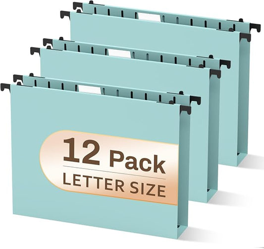 12 Pack Blue Hanging File Folders, Letter Size Hanging Folder - Waterproof, Tear-Resistant, Blue Hanging Folder with Expandable Bottom & 1/5-Cut Tabs for Filing Cabinets - Office Home School