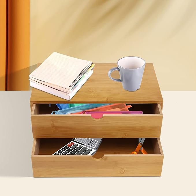 Bamboo Desk Organizer, Drawer Tabletop Storage Organization Box for Office Home Toiletries Supplies, No Assembly Required (2 Drawer)