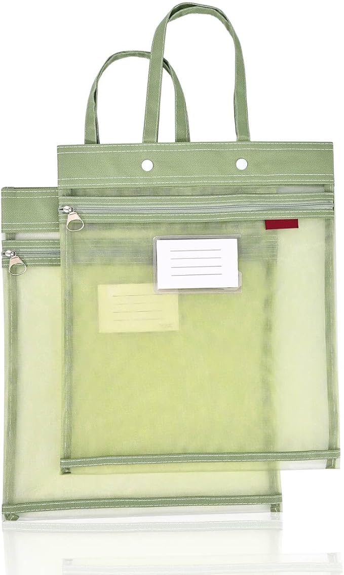 2-Pack Mesh Zipper Pouch Bags with Handles, Double-Layer Nylon Document Bag with Label Pocket, File Storage Pouches for Office Supplies School Travel (Green)