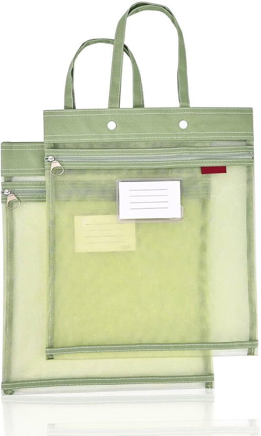 2-Pack Mesh Zipper Pouch Bags with Handles, Double-Layer Nylon Document Bag with Label Pocket, File Storage Pouches for Office Supplies School Travel (Green)