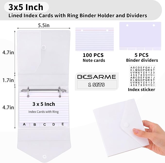 3x5 Inch Index Card Binder, Index Cards with Ring and Dividers - 100 Lined Page Index Card Organizer Case with Snap Closure for Study, Recipe Cards, Office Use (Clear)