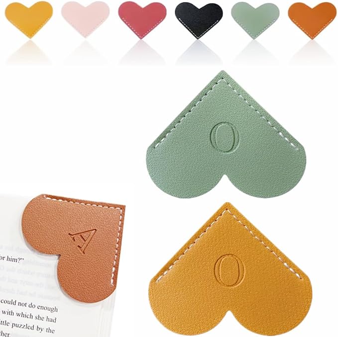 Personalized Leather Heart Bookmark, 26 Letters Customized Corner Book Mark for Reading Women, Book Marker with Initials，Cute Gifts (Green+Light Brown, O)