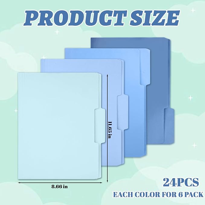 24 Pack Blue File Folders, Envelopes Letter Size Manilla Folders with 1/3 Cut Tab, 4 Gradient Colors Pastel Document Organizer, Bulk Blue Desk Accessories & Office School Supplies