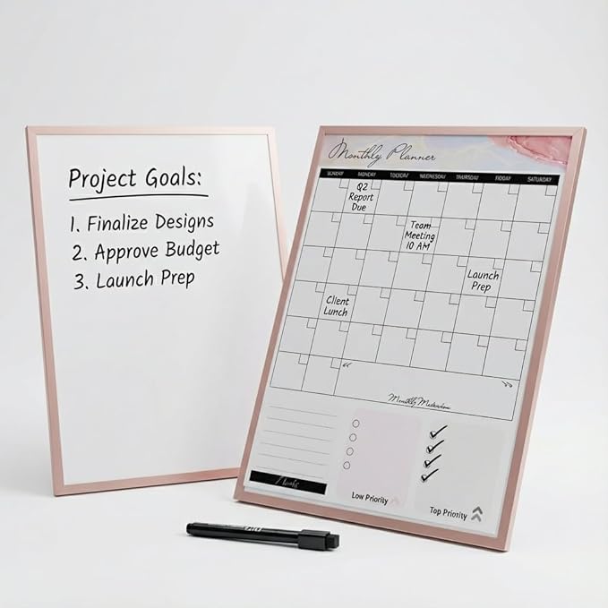 Rose Gold Magnetic Dry Erase Whiteboard 12 x 16 Double Sided, Portable Planner Board with Weekly Monthly Sheets, Write and Wipe to Do List Board, Includes 3 Markers Eraser 2 Magnets