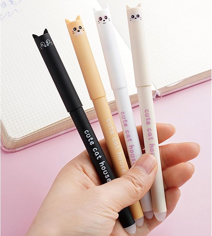 MOZXIRZ 4 Pcs Cute Erasable Pens Cartoon Cat Gel Pen 0.5mm Black Ink Smooth Writing Pen Kawaii Kitty Erasable Pens for Women School Supplies Office Supplies (Cat-Black Ink)