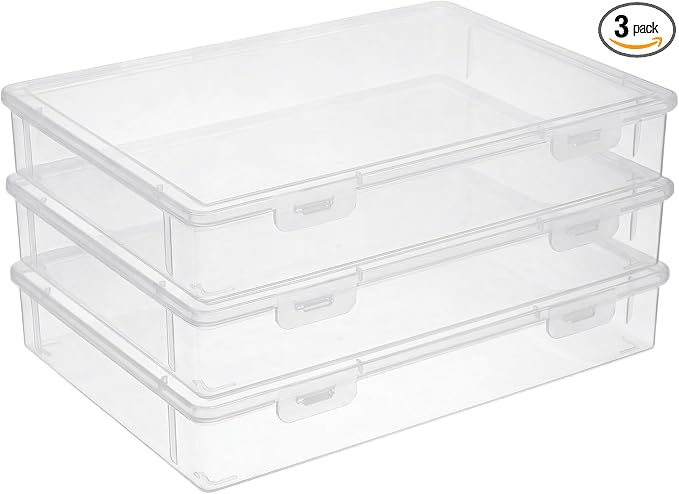 3 Pack Clear Plastic Storage Box with Flap Lid, Multipurpose A4 Size Craft Organizer for Art Supplies, Pencils, Markers, and Document Storage, 12.8 x 9.3 x 2.1 Inches