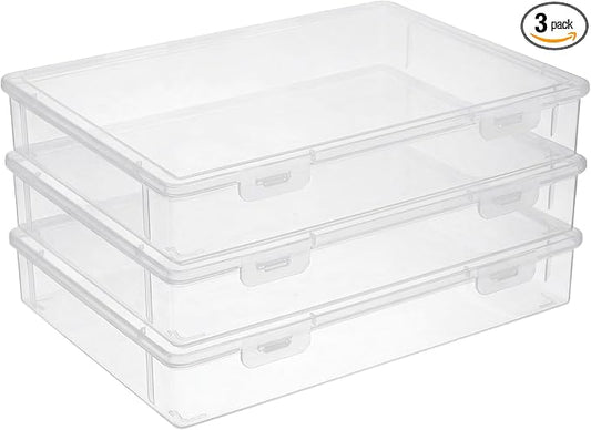 3 Pack Clear Plastic Storage Box with Flap Lid, Multipurpose A4 Size Craft Organizer for Art Supplies, Pencils, Markers, and Document Storage, 12.8 x 9.3 x 2.1 Inches