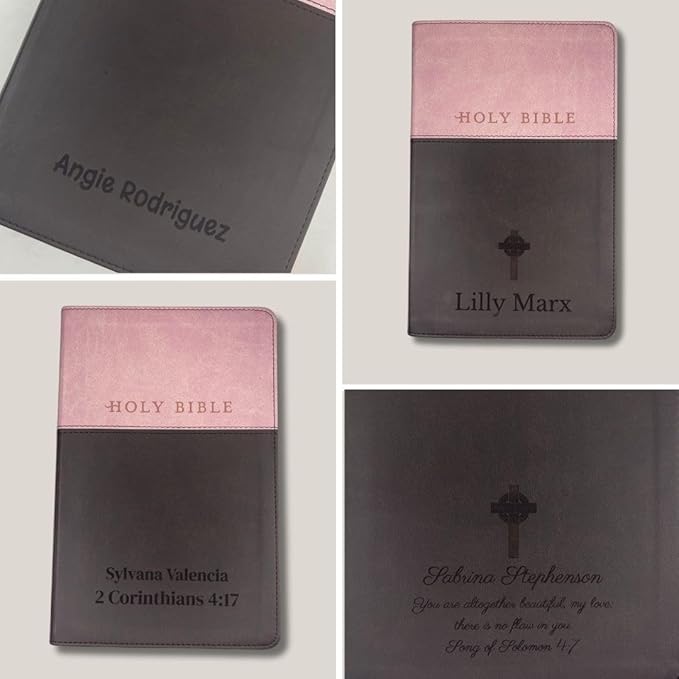 Personalized NLT Bible New Living Translation Faux Leather Holy Bible with Custom Name and Text, Small Print with Red-Highlighted Verses | Custom Gift for Religious Celebrations | Pink/Brown