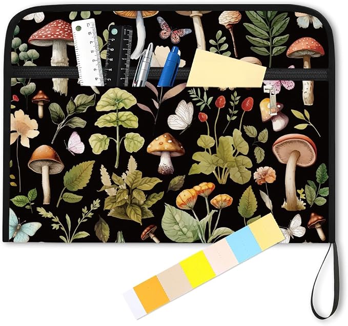 WEBEEDY Mushroom Botanical Expanding File Folder 13 Pockets Butterfly Plants Accordion Folder with Labels and Zipper, Waterproof Portable Expandable File Organizer for A4 Paper Photo Letter Receipt