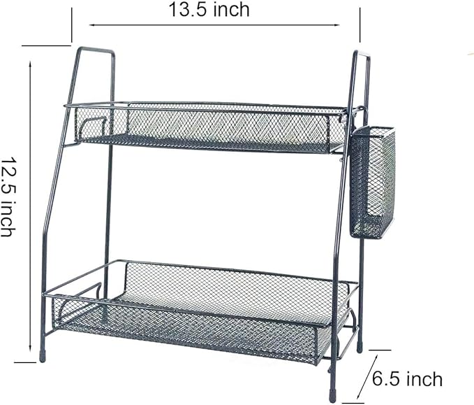 2-Tier Metal Mesh Desk Organizer - Portable Desktop Storage Rack for Office Supplies, Pen Holder, Paper, Makeup - Wall/Tabletop Mount, Powder Coated Black, Home School Cubicle Accessories