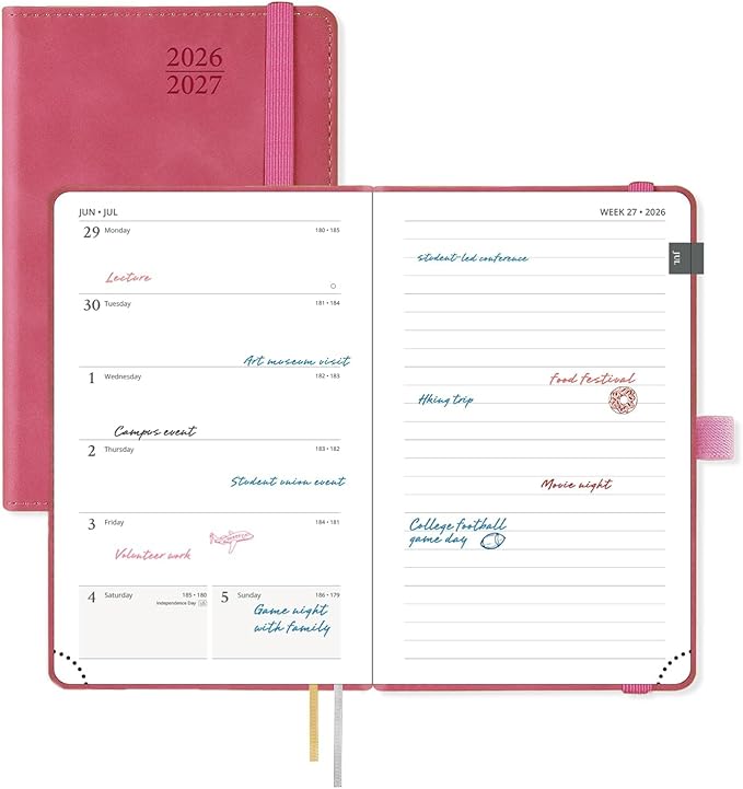 POPRUN 2026-2027 Pocket Planner (Size 4''x 6.25'') Weekly and Monthly Academic Calendar (JUL.26 - JUN.27) with Note Page and Monthly Tabs, Inner Pocket, Leather Soft Cover, 100 GSM - Magenta