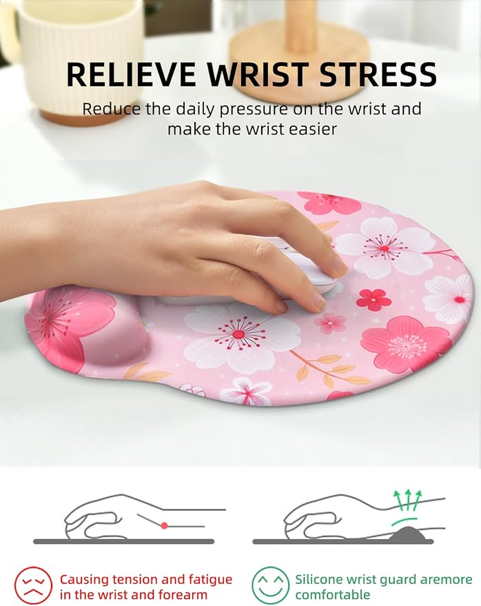 Lily Floral Mouse Pad Wrist Support Wrist Rest, Flower Ergonomic Mouse Pad with Non-Slip Base for Office Gaming Working Computers,Desk Accessories Pain Relief Mouse Mat, Pink Cherry Blossom