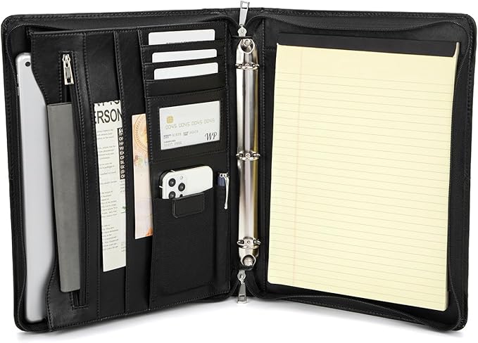 Leather Portfolio with 3 Ring Binder, Vegan Leather Padfolio Zippered, A4 Notebook Holder Laptop Sleeve Professional Business Organizer Gift for Men and Women, Black