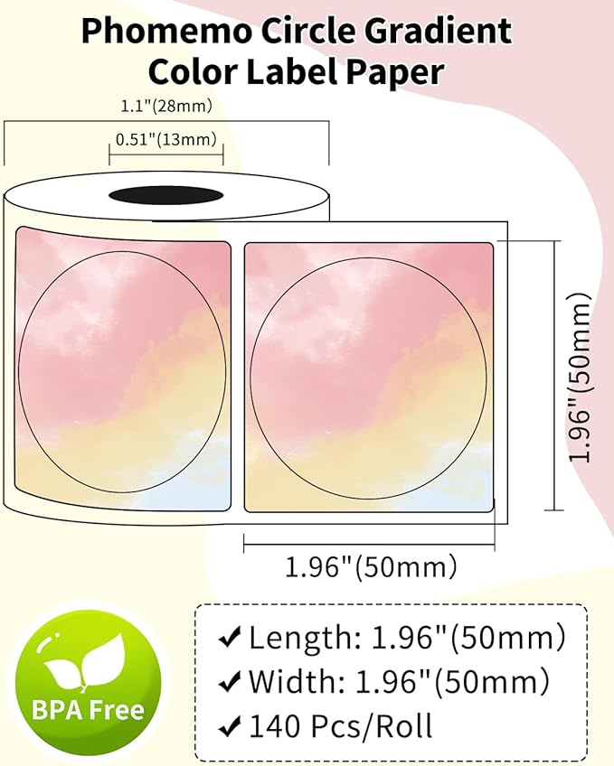 Phomemo Thermal Labels for M110/M100/M220/M250/M108 Label Printer, 1.96" x 1.96"(50 x 50 mm), 140 Labels/Roll, Round Rainbow Gradient, for Barcode/Address/Mailing/Logo/Business/Home Tag