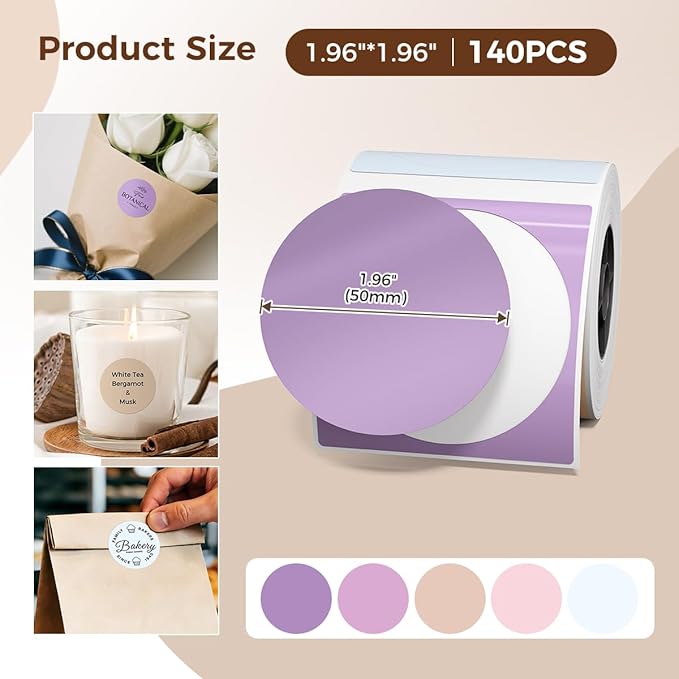 M110 Thermal Labels- 5 Color Round Thermal Sticker Compatible wtih M110/M100/M220/M250 Label Printer, Color Thermal Paper for Canning, Baking, Logo, Candle, 1.96" x 1.96"(50x50mm), 140 Labels/Roll